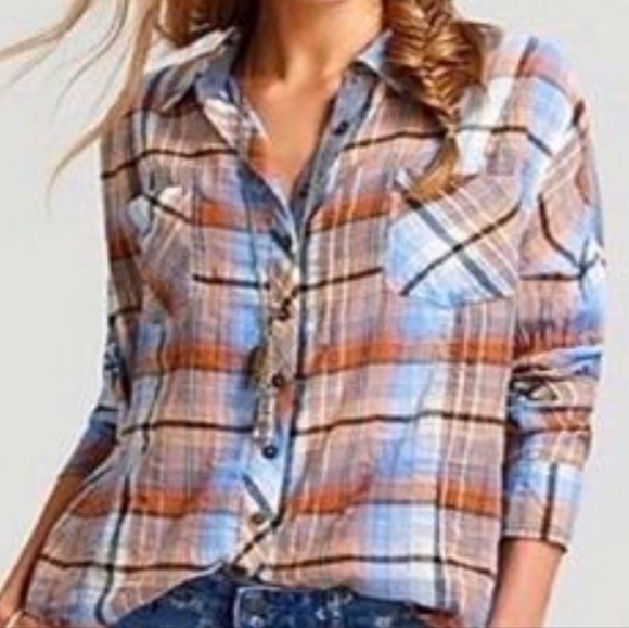 We the free peopleplaid flannel XS chambray blue+brown western button down shirt - Picture 1 of 5